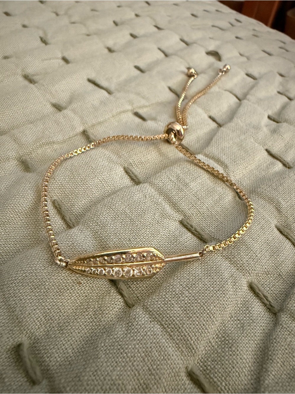 Adjustable Gold-Tone Leaf Bolo Bracelet with Crystal Accents